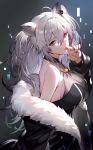 1girl ahoge animal_ears bangs bare_shoulders breasts cleavage earrings eyebrows_visible_through_hair finger_licking from_side fur-trimmed_jacket fur_trim grey_eyes grey_hair hair_between_eyes highres hololive jacket jewelry kakage large_breasts licking lion_ears lion_girl long_hair looking_at_viewer nail_polish necklace shirt shishiro_botan sleeveless sleeveless_shirt smile solo tongue tongue_out virtual_youtuber 