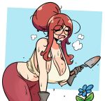  1girl breasts cleavage closed_eyes dripping english_commentary flower glasses hair_bun highres holding holding_shovel hot huge_hair_bun large_breasts leaning_forward midriff mole mole_on_breast murgoten open_mouth original shovel sidelocks solo sweat tank_top very_sweaty 