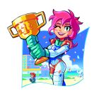  1boy 1girl bad_link beach beach_umbrella blue_sky blush building cloud clyde_(victory_heat_rally) confetti eliz0r gloves green_gloves green_racing_suit holding holding_trophy krissi_(victory_heat_rally) looking_at_another looking_at_viewer multicolored_racing_suit official_art one_eye_closed open_mouth orange_hair orange_racing_suit pink_hair racing_suit sky teeth transparent_background trophy umbrella upper_teeth_only victory_heat_rally wavy_hair white_racing_suit 