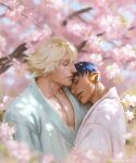  2boys annas_anya bleach blonde_hair blue_hair closed_eyes commentary dark-skinned_male dark_skin english_commentary hair_between_eyes head_on_chest highres kurotsuchi_mayuri lips male_focus multiple_boys muscular muscular_male nose outdoors pectorals scar scar_on_face scar_on_neck short_hair upper_body urahara_kisuke yaoi 