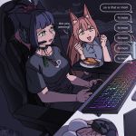  2girls animal_ear_fluff animal_ears arknights blue_hair breast_mousepad brown_eyes brown_hair can cat_ears char_(charlattes) chat_log choker collared_shirt controller english_text fox_ears fox_tail franka_(arknights) gamer_chair green_eyes headset highres jessica_(arknights) keyboard_(computer) lego mouse_(computer) multicolored_hair multiple_girls open_mouth ponytail shirt soda_can sweatdrop tail two-tone_hair 