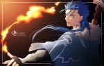  1boy blue_hair capelet cu_chulainn_(fate)_(all) cu_chulainn_(fate/grand_order) earrings english_text fang fate/grand_order fate_(series) fire floating_hair frame fuji121 fur-trimmed_hood fur_trim hood hood_down hooded_capelet jewelry long_hair looking_to_the_side magic male_focus multiple_piercings open_mouth pointing red_eyes solo spiked_hair staff type-moon vambraces wooden_staff 