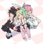  3girls 53c_(ray_cordova) :d angels_of_delusion aria_(zenless_zone_zero) arm_warmers black_hair black_sandals black_shorts black_thighhighs blue_eyes blush checkered_floor collared_shirt commentary_request dress eyes_visible_through_hair fang fingerless_gloves gloves grey_hair hair_between_eyes hair_ornament hair_over_one_eye halo highres loose_socks multicolored_hair multiple_girls nail_polish nangong_yu necktie pink_gloves pink_hair platform_sandals polka_dot_necktie puffy_short_sleeves puffy_sleeves red_eyes red_hair red_nails red_necktie sandals shirt short_sleeves shorts small_sweatdrop smile socks stirrup_legwear striped_clothes striped_socks sunna_(zenless_zone_zero) sweat thighhighs toeless_legwear toenail_polish toenails two-tone_hair white_dress white_shirt x_hair_ornament zenless_zone_zero 