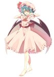  1girl absurdres ascot back_bow barefoot bat_wings blood blood_from_mouth blood_on_clothes blue_hair blush bow breasts brooch collared_shirt commentary_request fang frilled_shirt_collar frilled_skirt frills full_body hat hat_ribbon highres jewelry mob_cap open_mouth pink_hat pink_shirt pink_skirt pointy_ears puffy_short_sleeves puffy_sleeves red_ascot red_bow red_eyes remilia_scarlet ribbon seika_okawari shirt short_sleeves simple_background skin_fang skirt skirt_set small_breasts smile solo toes touhou white_background wings 