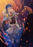  1boy belt blue_hair capelet casting_spell closed_mouth collarbone cu_chulainn_(fate)_(all) cu_chulainn_(fate/grand_order) earrings fate/grand_order fate_(series) fire full_body fur-trimmed_hood fur_trim greaves harem_pants highres holding holding_weapon hood hood_down hooded_capelet jewelry long_hair male_focus pants red_eyes runes signature skin_tight smile solo spiked_hair staff toeless_legwear type-moon washuu water weapon wooden_staff 
