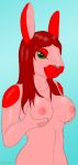  2019 anthro breasts colored_sketch digital_media_(artwork) emily(zypter) female fur green_eyes hair hand_on_breast holding_breast lagomorph leporid long_hair looking_at_viewer mammal narrowed_eyes nipples nude pink_body pink_fur rabbit red_body red_fur red_hair solo standing zypter 