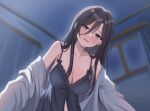  1girl :o armpits babydoll black_babydoll black_hair blush breasts cardigan cardigan_partially_removed collarbone grey_cardigan hair_between_eyes han_yoil highres indoors large_breasts long_hair long_hair_between_eyes looking_at_viewer solo straight_hair taeman today's_han_yoil_is_a_woman very_long_hair 