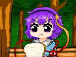  1girl :i blue_shirt bread bread_slice chewing collared_shirt food frown hair_ornament hairband heart heart_hair_ornament holding_bread komeiji_satori koubu6841 on_bench purple_eyes purple_hair shirt short_hair sitting solo third_eye touhou tree upper_body 