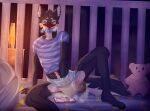 abdl anthro bodily_fluids canid canine canis cozygrey crib diaper domestic_dog feces genital_fluids hi_res keeper_utonagan male mammal masturbation mixed_breed pacifier plushie soiled_diaper soiling solo unclean_diaper urine used_diaper utonagan wet_diaper