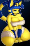  animal_crossing ankha_(animal_crossing) anthro big_breasts blue_hair breasts cleavage clothed clothing domestic_cat felid feline felis female gatotorii hair hi_res mammal nintendo solo video_games wide_hips yellow_body 