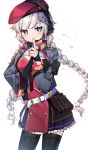  1girl arm_pouch bangs belt belt_buckle belt_pouch beret black_legwear blue_eyes braid buckle commentary_request finger_to_mouth girls_frontline hair_ornament hand_on_hip hat headset highres long_hair looking_at_viewer necktie ots-12_(girls_frontline) pouch red_headwear silver_hair solo star-shaped_pupils star_(symbol) star_hair_ornament symbol-shaped_pupils thighhighs twin_braids white_background white_belt yinchuan 