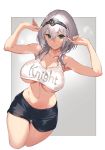  1girl alternate_costume bangs bare_shoulders black_shorts blush border breasts clothes_writing collarbone diadem green_eyes grey_background hands_up highres hololive kakage large_breasts looking_at_viewer navel shirogane_noel short_hair short_shorts shorts silver_hair smile thighs underboob virtual_youtuber white_border 