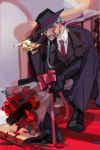  1boy alternate_costume blue_hair bouquet cane cigar coat cu_chulainn_(fate)_(all) cu_chulainn_alter_(fate/grand_order) dark_persona earrings facepaint fate/grand_order fate_(series) fedora flower formal gloves grin gun hat heroic_spirit_formal_dress highres jacket jewelry long_hair male_focus necktie open_mouth overcoat pants red_eyes rose rui_(o-rui) sharp_teeth sitting smile smoke smoking smoking_gun solo suit teeth type-moon weapon 