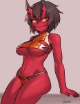  1girl arm_support black_hair bra breasts brown_hair closed_mouth eyebrows_visible_through_hair fingernails grey_background horns kidouko_(zakusi) large_breasts looking_at_viewer navel oni oni_horns orange_bra orange_eyes orange_panties original panties red_oni red_skin revision short_hair signature simple_background sitting smile solo sports_bra toned underboob underwear zakusi 