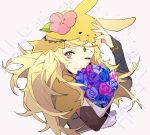  1girl animal_ears blonde_hair bunny_ears circlet closed_mouth elley226 fire_emblem fire_emblem_fates fire_emblem_heroes flower grey_eyes hair_flower hair_ornament hand_on_own_head highres in long_hair looking_at_viewer ophelia_(fire_emblem) simple_background smile sparkle upper_body 