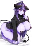  1girl ahoge arunira barefoot black_sweater bottomless breasts bright_pupils brll closed_mouth clothes_lift covered_nipples demon_girl demon_horns demon_tail highres horns huge_breasts kneeling leaning_forward lifted_by_self long_hair long_sleeves looking_at_viewer original pasties pointy_ears purple_hair purple_skin red_eyes ribbed_sweater simple_background smile solo sweater sweater_lift tail white_background white_pupils 