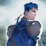 1boy angry armor beads bifanghuanshi blue_hair cu_chulainn_(fate)_(all) dated earrings fate/stay_night fate_(series) floating_hair from_behind hair_beads hair_ornament highres jewelry lancer long_hair looking_at_viewer looking_back male_focus pauldrons ponytail red_eyes shoulder_armor signature skin_tight slit_pupils solo spiked_hair type-moon 