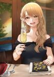  1girl :d alcohol alternate_breast_size_(larger) alternate_costume alternate_hairstyle bare_shoulders black_dress black_nails blush breasts brown_eyes brown_hair champagne champagne_flute collarbone commentary_request cup dress drinking_glass earrings fork glint hair_over_shoulder highres holding holding_cup indoors isshiki_iroha jewelry large_breasts light_(lightpicture33) long_hair looking_at_viewer mismatched_earrings nail_polish off-shoulder_dress off_shoulder open_mouth pov_across_table smile solo spoon table upper_body window wine_glass yahari_ore_no_seishun_lovecome_wa_machigatteiru. 