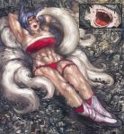  ahri_(lol) animal_humanoid canid canid_humanoid canine canine_humanoid city clothed clothing destruction detailed_background female footwear fox_humanoid fur gaping_mouth humanoid league_of_legends macro mammal mammal_humanoid multi_tail multiple_angles muscular muscular_female muscular_humanoid not_furry one_eye_closed open_mouth red_clothing riot_games shoes skimpy solo tan_body video_games white_body white_fur yilx 