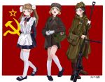  3girls apron black_hair blonde_hair braid chinese_commentary commentary first_aid_kit gbm_(white_whale) green_eyes hat highres multiple_girls original red_eyes school_uniform soviet soviet_army soviet_school_uniform thighhighs white_apron white_thighhighs 