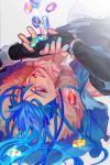 1boy blue_hair bracelet capelet cu_chulainn_(fate)_(all) cu_chulainn_(fate/grand_order) fang fate/grand_order fate_(series) fur-trimmed_hood fur_trim gem grin highres hood hooded_capelet jewelry long_hair lying male_focus nail_polish on_back one_eye_closed red_eyes rui_(o-rui) runes smile solo spiked_hair stone type-moon 