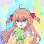  1girl :d ahoge animal aqua_bow aqua_bowtie ben-day_dots blue_background blue_eyes blue_sailor_collar bow bowtie brown_hair cardigan closed_mouth colorful_background false_qa frown hair_between_eyes hair_ornament hair_ribbon hashtag-only_commentary heart heart_hair_ornament highres holding holding_animal light_blush long_hair long_sleeves looking_at_viewer neuro-sama off-shoulder_cardigan portrait red_ribbon ribbon sailor_collar screentones smile sweat turtle two_side_up vedal987 vedal_ai yellow_background yellow_cardigan 