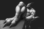  2019 3_toes abs absurd_res anthro balls big_balls big_penis erection foot_focus foot_on_table genitals hi_res huge_balls huge_penis humanoid_genitalia humanoid_penis kangaroo macropod male mammal marsupial monochrome muscular muscular_anthro muscular_arms muscular_legs muscular_male penis restricted_palette solo symmhusky toes 