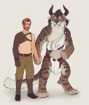  2018 4_ears 4_toes 5_fingers anthro beard biped blue_eyes boots bottomwear charr claws clothed clothing digital_media_(artwork) digitigrade duo facial_hair fangs felid female fingers flat_chested fluffy fluffy_tail footwear fur guild_wars hair hand_holding hi_res horn human larger_female loincloth male mammal mane multi_ear pants plantigrade prosthetic simple_background size_difference smaller_male snowskau standing striped_body striped_fur stripes tan_body tan_fur toe_claws toes underwear video_games white_body white_fur yellow_eyes 