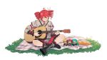  1girl acoustic_guitar ahoge akita_neru aqua_eyes aqua_hair baguette black_boots black_skirt blonde_hair boots bread brown_eyes buttons character_request check_character check_instrument closed_eyes commentary double-breasted drill_hair english_commentary facing_viewer food frilled_skirt frills grass grey_jacket grey_skirt guitar hair_between_eyes hair_ribbon hatsune_miku highres holding holding_guitar holding_instrument indian_style instrument jacket kasane_teto kasane_teto_(sv) lace-up_boots layered_skirt long_hair long_sleeves looking_down medium_hair multicolored_skirt music musical_staff musical_staff_print official_alternate_costume one_side_up picnic_blanket playing_guitar playing_instrument pleated_skirt red_eyes red_hair red_skirt red_socks red_trim ribbon shoulder_belt shoulder_boards sitting skirt sleeve_cuffs smile socks solo striped_clothes striped_jacket stuffed_toy synthesizer_v twin_drills twintails vocaloid white_ribbon zarth_zh 