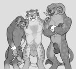  2018 animal_genitalia anthro balls big_balls biped black_and_white charr chest_tuft claws digital_media_(artwork) embarrassed fangs felid genitals group guild_wars half-erect hand_on_shoulder horn kai_keenhammer male mammal monochrome multi_ear muscular muscular_male penile_spines penis rorik_ironwill sheath shy size_difference snowskau spots standing tuft vex_powerline video_games 