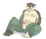  anthro balls belly blush canid canine canis claws domestic_dog embarrassed erection genitals male mammal moritaka navel nipples pecs penis rampie sitting slightly_chubby solo suspender tokyo_afterschool_summoners video_games 