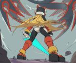  1boy armor blonde_hair commentary_request cyber_elf_(mega_man) dark_elf_(mega_man) energy_sword from_behind full_body helmet holding holding_sword holding_weapon korean_commentary long_hair mega_man_(series) mega_man_zero_(series) mega_man_zero_3 nanhui_aria red_armor red_helmet solo_focus standing sword weapon z_saber zero(z)_(mega_man) zero_(mega_man) 