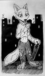  2020 anthro arctic_fox barefoot bottomwear building canid canine cellphone clothed clothing disney fox fully_clothed hi_res holding_cellphone holding_object holding_phone inktober inktober_2020 mammal midriff monochrome outside pants phone shirt skye_(zootopia) solo standing theblueberrycarrots topwear torn_bottomwear torn_clothing torn_pants zootopia 