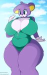  anthro big_breasts breasts camel_toe female gatotorii hi_res huge_breasts mammal nipple_outline purple_body solo text thick_thighs url ursid wide_hips zipper 