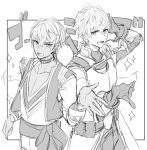  2boys :d arm_up background_text bangs blush breastplate collarbone dark_skin dark_skinned_male ex_albio eyebrows_visible_through_hair gloves greyscale hair_between_eyes hand_on_own_head hand_up ibrahim_(nijisanji) looking_at_viewer monochrome multiple_boys nijisanji open_mouth shikino_yuki shirt sketch smile sparkle sword sword_behind_back translation_request v-shaped_eyebrows vest virtual_youtuber weapon weapon_on_back white_background 