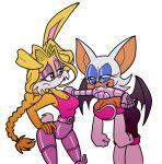  2020 anthro archie_comics bite blue_eyeshadow breasts bunnie_rabbot chiropteran cleavage clothed clothing cybernetics cyborg duo eyeshadow female galactabee hand_on_hip hi_res lagomorph leporid machine makeup mammal purple_eyeshadow rabbit rouge_the_bat simple_background sonic_the_hedgehog_(archie) sonic_the_hedgehog_(comics) sonic_the_hedgehog_(series) white_background 