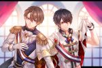  2boys ahoge argyle bangs black_hair blue_vest blurry blurry_background bow brown_eyes brown_hair closed_mouth collared_shirt curtains depth_of_field epaulettes eyebrows_visible_through_hair gloves hair_between_eyes hand_up jacket kagami_hayato long_sleeves looking_at_viewer male_focus multiple_boys nijisanji red_eyes shikino_yuki shirt sleeveless sleeveless_shirt smile upper_body vest virtual_youtuber white_bow white_gloves white_jacket white_shirt window yumeoi_kakeru 