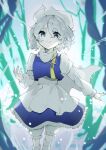  absurdres bloomers blue_dress blue_eyes cape commentary_request dress hat highres kuromaru_ira lapel_pin letty_whiterock narrow_waist snow socks solo touhou white_cape white_dress white_hair white_hat white_socks 