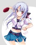  1girl 2018 asahina_yori belt black_belt black_bow blue_hair blue_skirt blush bow braid breasts clenched_hand commentary cowboy_shot crop_top crown_braid dated floating_hair frilled_skirt frills grey_background hair_bow hair_ribbon holding_table_tennis_paddle large_breasts long_hair looking_at_viewer midriff miniskirt motion_blur navel one-hour_drawing_challenge paddle parted_lips playing_sports red_eyes red_ribbon ribbon shirt short_sleeves sidelocks simple_background sketch skirt solo sorakado_ao summer_pockets table_tennis_paddle twitter_username two-tone_background v-shaped_eyebrows white_background white_shirt 