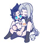  105zz 2boys black_hair black_shirt black_shoes black_socks blue_eyes braid casual closed_eyes commentary_request cross_scar final_fantasy final_fantasy_vii full_body grey_hair hair_slicked_back hug hug_from_behind indian_style long_hair lowres male_focus multiple_boys open_mouth parted_bangs print_shirt scar scar_on_cheek scar_on_face sephiroth shirt shoes single_braid sitting socks t-shirt white_background yaoi zack_fair 