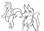  anthro black_and_white bra_pull clothing dialogue female flat_chested hi_res horn kobold monochrome panties reptile scalie solo trout_(artist) underwear 
