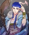  1boy abs blue_hair bracelet cape casting_spell cu_chulainn_(fate)_(all) cu_chulainn_(fate/grand_order) earrings fate/grand_order fate_(series) fur-trimmed_hood fur_trim grin hood hood_down hooded_cape jewelry long_hair male_focus mayuki_(ubiquitous) muscle pointing red_eyes runes skin_tight slit_pupils smile solo spiked_hair staff type-moon wooden_staff 