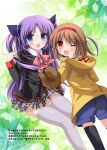  2girls :d ;d animal_ears asahina_yori black_jacket black_thighhighs blue_eyes blue_ribbon blue_shorts blush bow bowtie brown_hair brown_mittens coat collared_shirt commentary_request company_connection crossover dutch_angle eyes_visible_through_hair feet_out_of_frame floating_hair grey_skirt hair_between_eyes hair_ribbon hairband hand_up happy hood hood_down jacket kanon key_(company) little_busters! little_busters!_school_uniform long_hair long_sleeves looking_at_viewer looking_back lop_rabbit_ears medium_hair miniskirt mittens multiple_girls one_eye_closed open_mouth parted_bangs pink_bow pink_bowtie plaid_clothes plaid_skirt pleated_skirt purple_hair rabbit_ears red_eyes red_hairband ribbon sasasegawa_sasami school_uniform shirt shorts skirt smile standing thighhighs thighs translation_request tsukimiya_ayu two_side_up very_long_hair white_shirt white_thighhighs yellow_coat zettai_ryouiki 