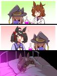  4girls agnes_tachyon_(umamusume) animal_ears black_hair black_hat blunt_sidelocks bow brown_hair closed_mouth commentary ears_through_headwear glowing hat highres horse_ears horse_girl kitasan_black_(umamusume) lab_coat long_hair long_sleeves multiple_girls open_mouth purple_sailor_collar purple_shirt red_eyes sailor_collar satono_diamond_(umamusume) school_uniform shirt short_hair sidelocks sleep_mask sleeping smile sweep_tosho_(umamusume) tracen_school_uniform twintails two_side_up umamusume white_bow witch_hat yonedatomo_mizu |_| 