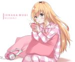  1girl blonde_hair blowing cat_ear_headphones character_name copyright_name cowboy_shot cup drawstring hands_up headphones headphones_removed holding holding_cup hood hood_down hoodie horizontal_stripes ienaga_mugi long_hair long_sleeves looking_at_viewer milluun mug nijisanji paw_print_pattern pillow pink_stripes sitting solo striped very_long_hair virtual_youtuber yellow_eyes 