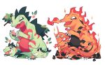  alternate_color berry_(pokemon) brown_eyes charamells claws closed_mouth commentary croconaw english_commentary fangs feraligatr fire flame gen_2_pokemon grass highres holding no_humans open_mouth pokemon pokemon_(creature) red_eyes smile tongue totodile white_background 