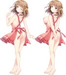  1girl apron aqua_eyes arm_grab ass barefoot breasts brown_hair einstein_yori_ai_wo_komete eyebrows_visible_through_hair full_body highres kimishima_ao large_breasts looking_at_viewer looking_away looking_back medium_hair naked_apron nitta_shinobu nude official_art one_eye_closed sideboob smile solo transparent_background variations 