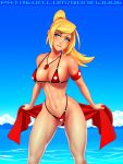 1girl armband ass_visible_through_thighs bikini blonde_hair blue_eyes breasts cleavage collarbone english_commentary feet_out_of_frame hair_between_eyes large_breasts lifeguard long_hair metroid navel outdoors patreon_username ponytail ronindude samus_aran solo standing swimsuit water whistle 