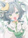  1girl animal_ears anzen_robo_(474zz) aqua_hair beret blunt_bangs blush commentary_request ears_through_headwear gloves green_eyes green_vest hat horse_ears horse_girl jacket kiseki_(miracle_author)_(umamusume) kiseki_(umamusume) long_sleeves looking_at_viewer multicolored_hair one_side_up open_clothes open_jacket open_mouth parted_bangs puffy_long_sleeves puffy_sleeves shirt short_hair sidelocks smile solo streaked_hair umamusume upper_body v-shaped_eyebrows vest white_gloves white_jacket white_shirt white_streaks yellow_hat 