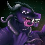  1:1 abstract_background anthro black_horn bodily_fluids bust_portrait corrursys dragon drooling glowing glowing_eyes hi_res horn long_tongue male multi_eye no_pupils open_mouth pink_tongue portrait purple_body saliva scalie sharp_teeth solo tallion teeth tentacles tongue western_dragon 